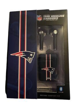 NFL Bluetooth Wireless Earbuds with Charging Case Patriots Logo Black and Navy